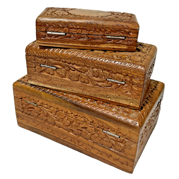 Vintage Carved Wood Nesting Boxes (3) Ornate Hinged Brass Inlay Stacking Jewelry - Picture 12 of 12